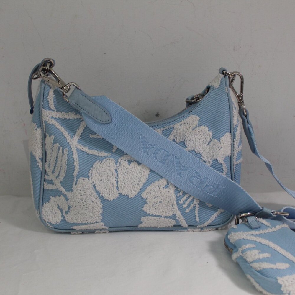 Prada Re-Edition 2005 Embroidered Drill Shoulder Bag wPouch Blue White Crossbody - Picture 3 of 16